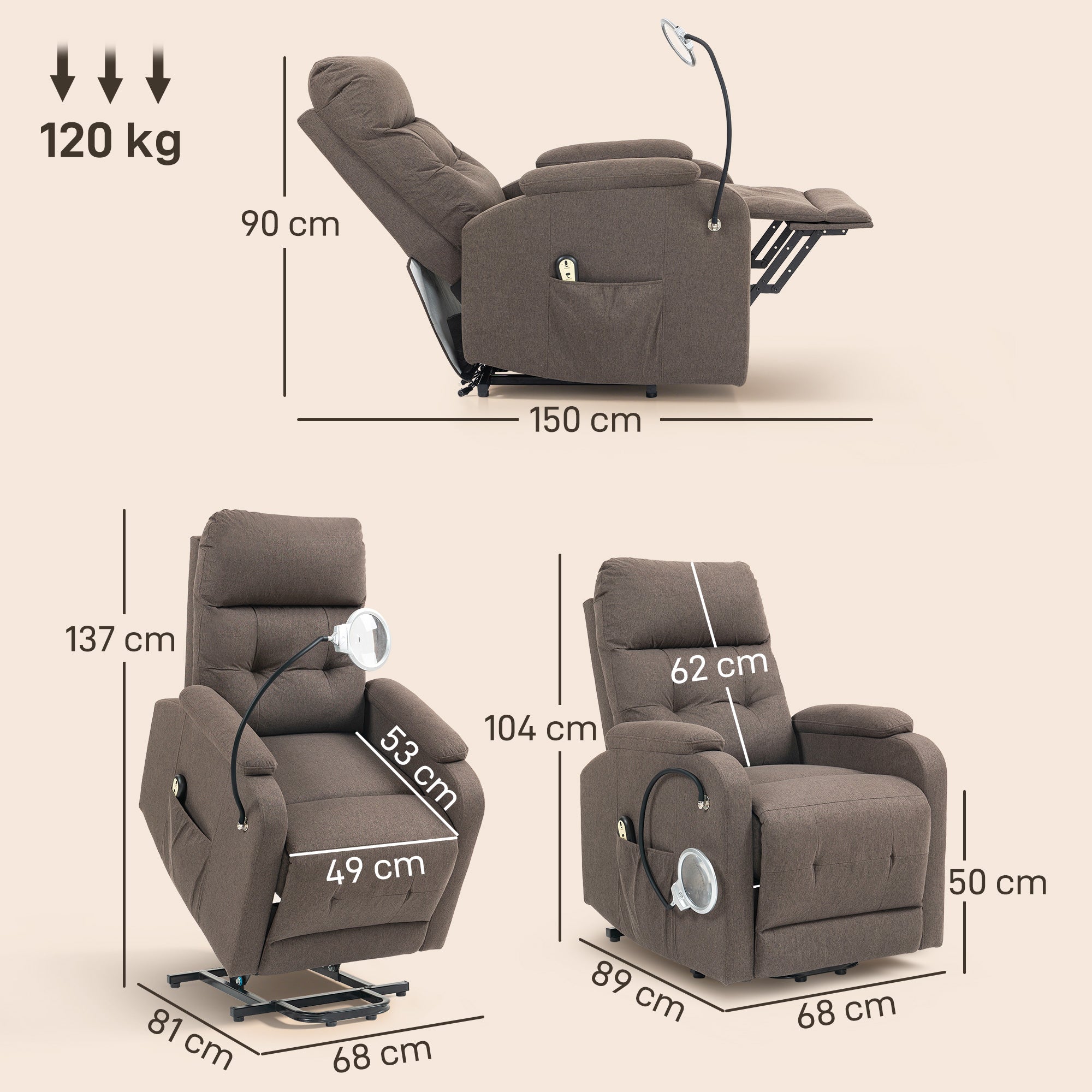 Electric Rise/Recline Armchair, with Reading Light - Brown