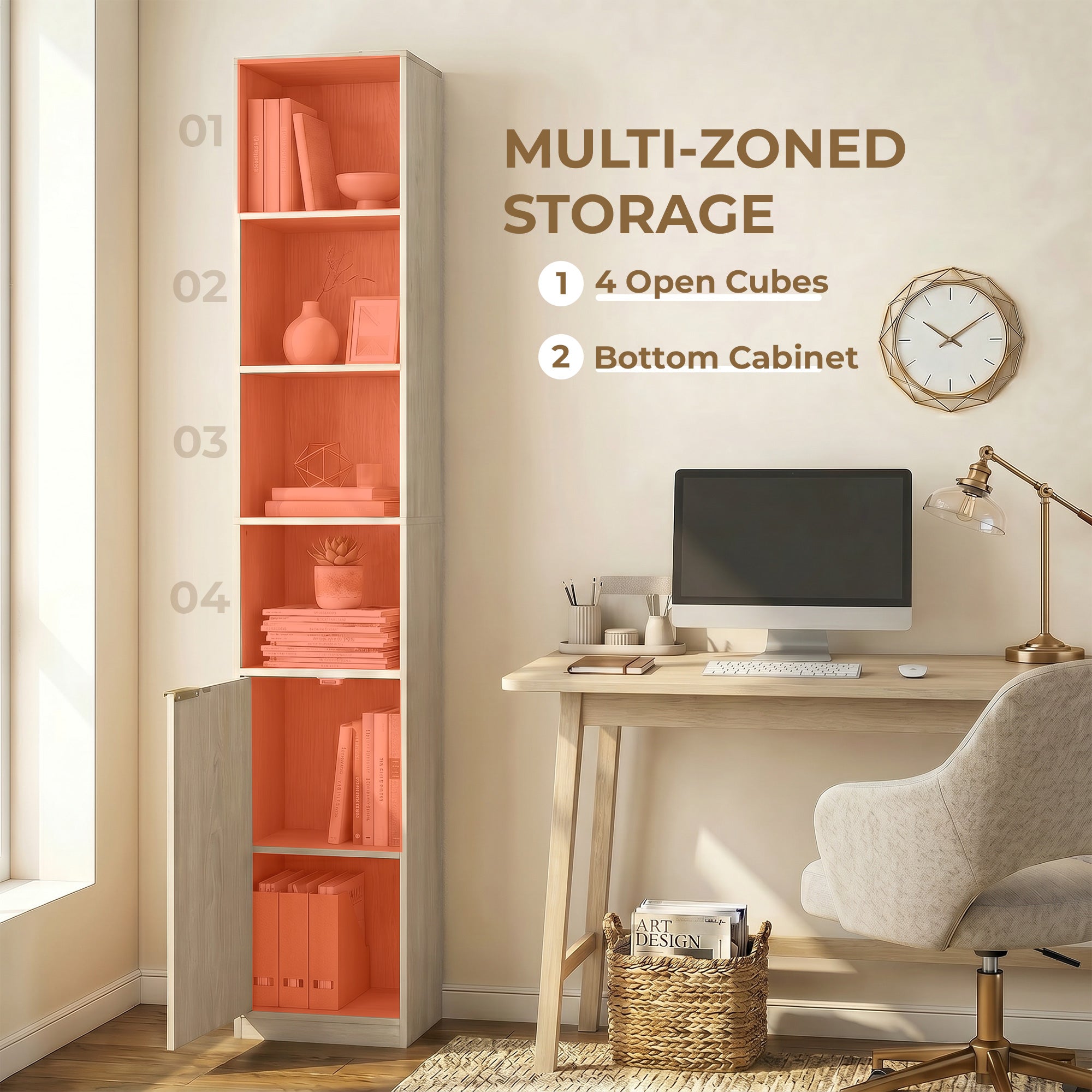 Bookcase Adjustable Shelf Bookshelf Anti-Tip Hardware 6-Tier Storage Cabinet Oak Wood Effect