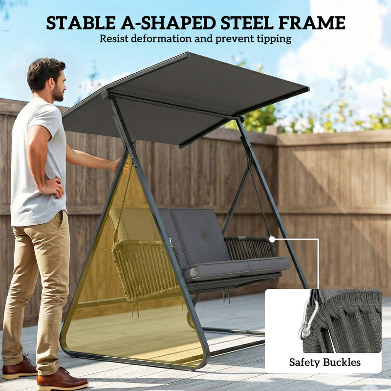 Outsunny 2-Seater Rattan Swing Chair, Outdoor Garden Hanging Swing Seat with Stand, Adjustable Canopy and Soft Cushions – view 8