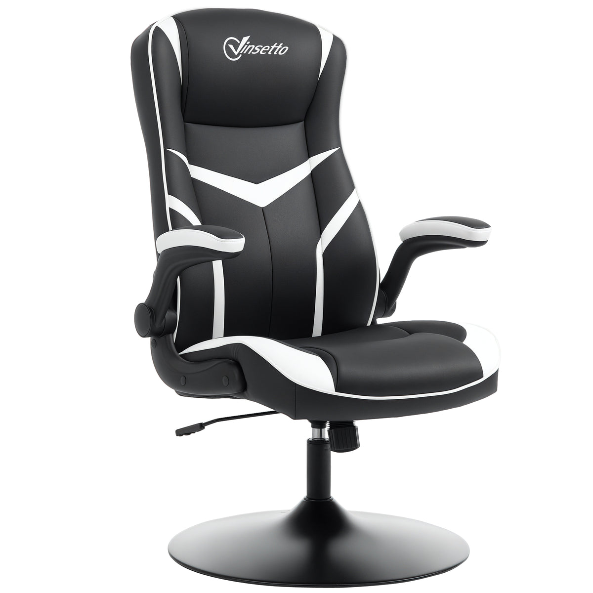 Black and white faux leather racing-style gaming chair with flip-up armrests on a round black pedestal base