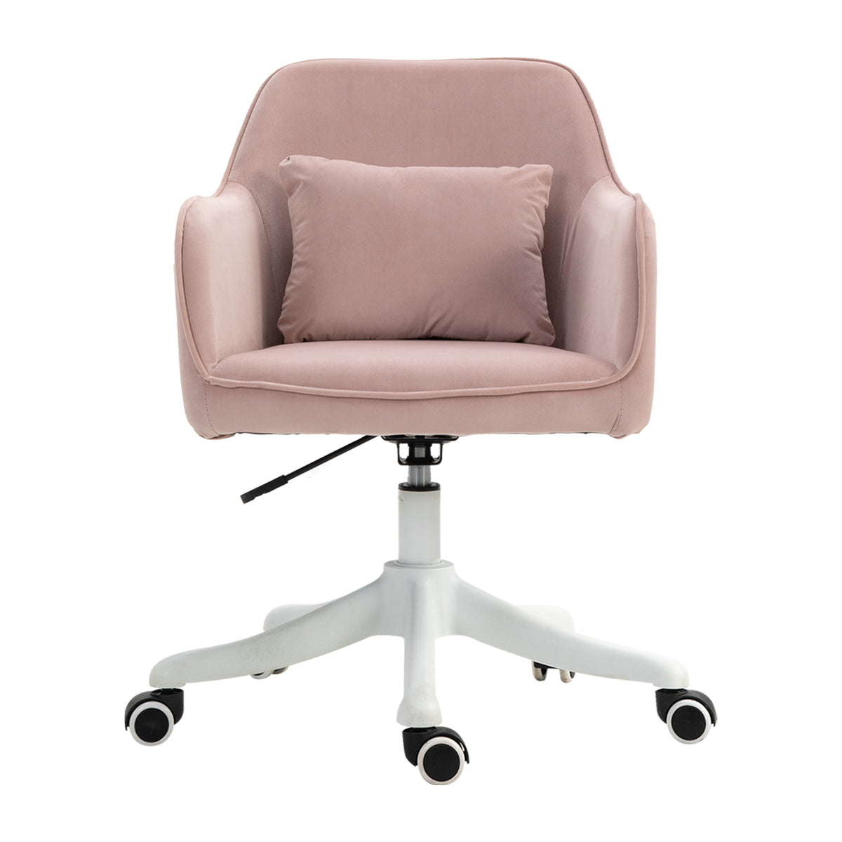 Pink velvet-feel tub desk chair with armrests, massage lumbar pillow and swivel wheels
