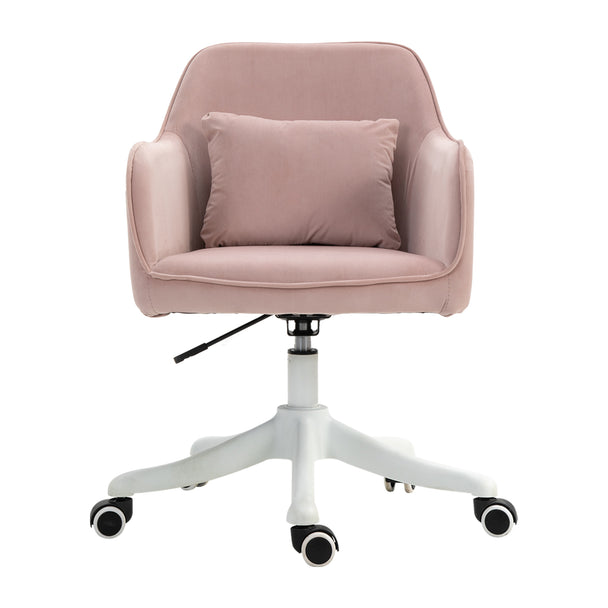 Pink velvet-feel tub desk chair with armrests, massage lumbar pillow and swivel wheels