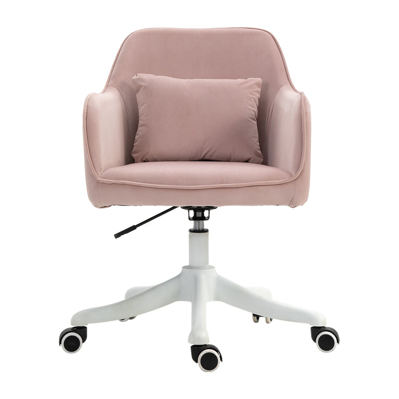 Pink velvet-feel tub desk chair with armrests, massage lumbar pillow and swivel wheels