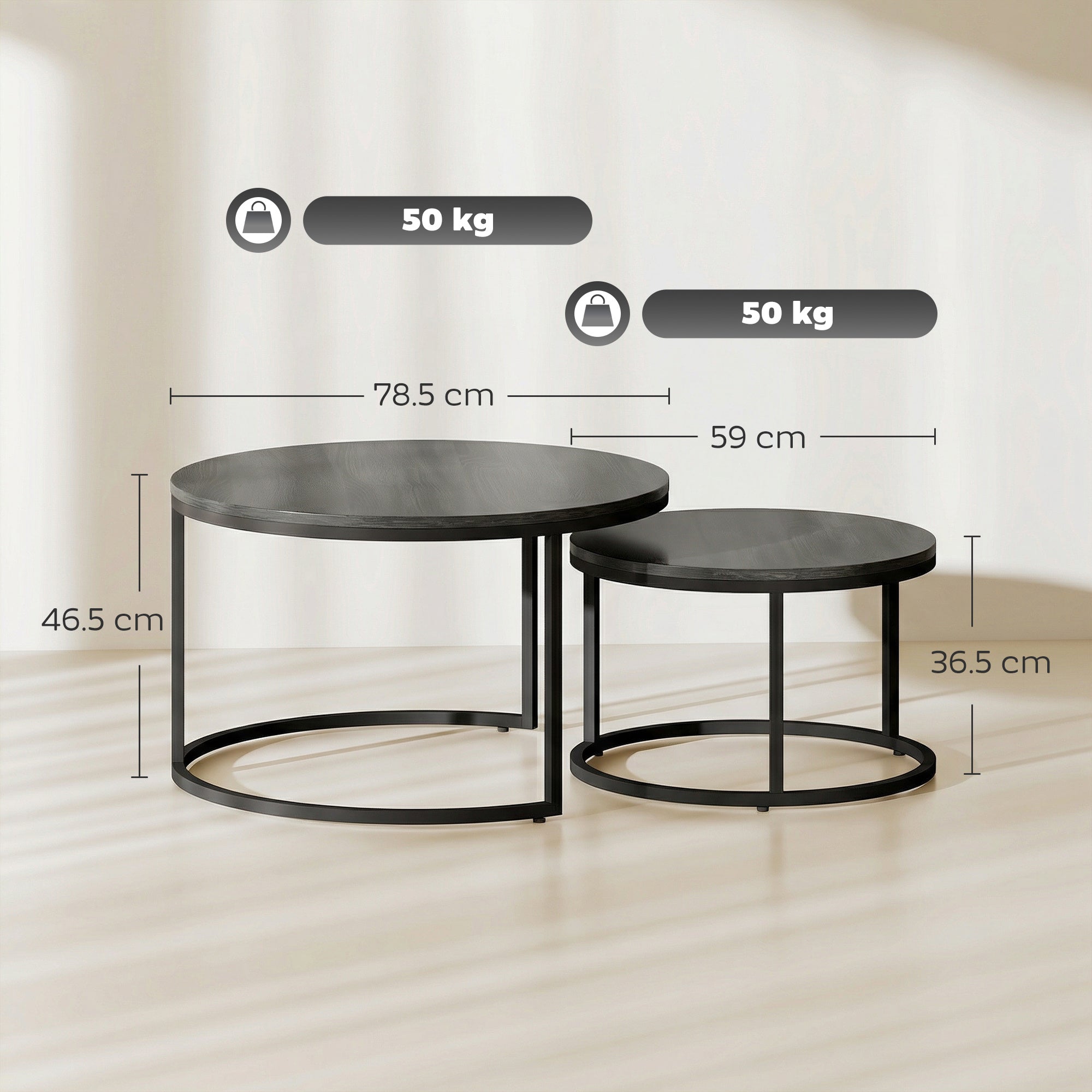 Set of Two Wood-Effect Stacking Tables - Black Wood Grain