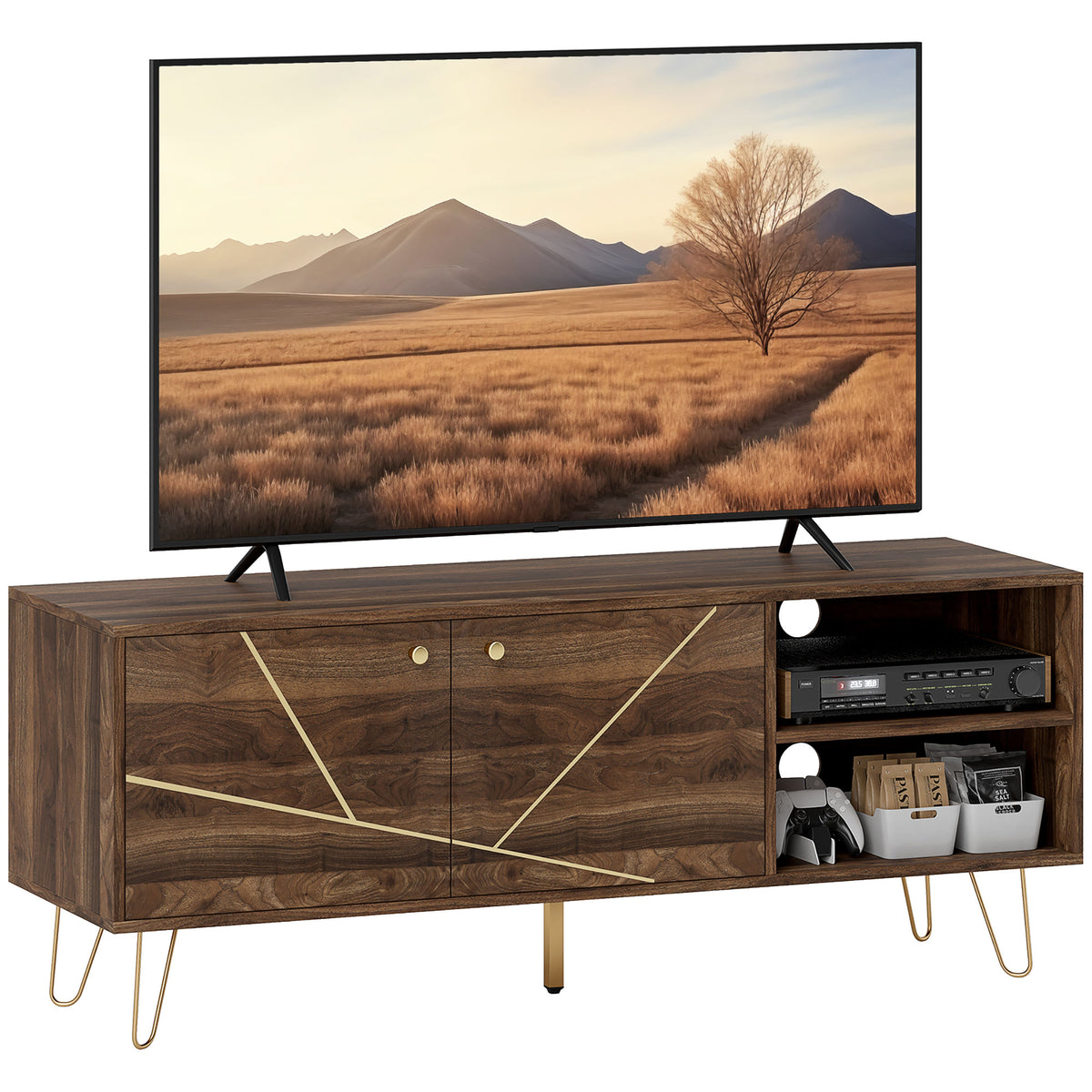 130 cm TV Stand with Adjustable Shelves & Hairpin Legs – Brown