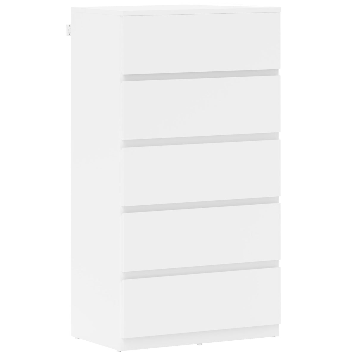 White handle-free chest of five drawers