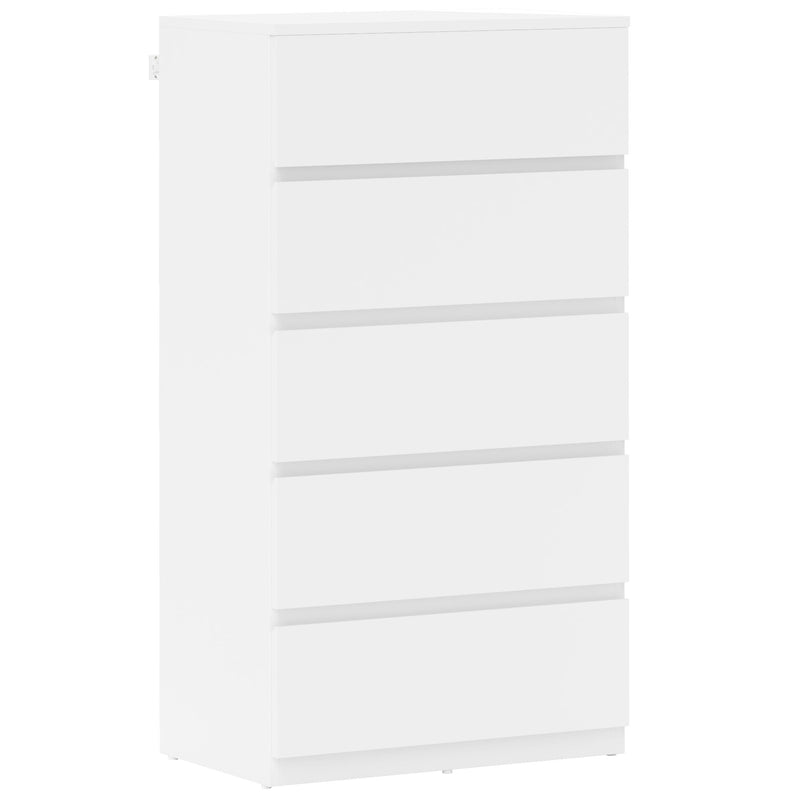 White handle-free chest of five drawers