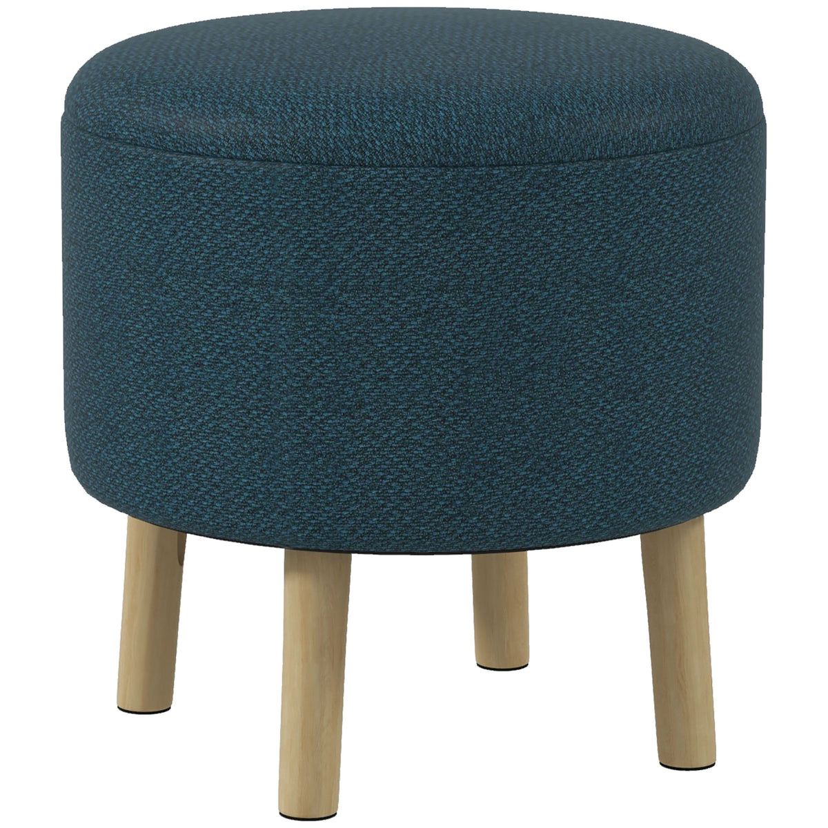 Round Linen-Look Storage Ottoman with Wooden Legs – Blue