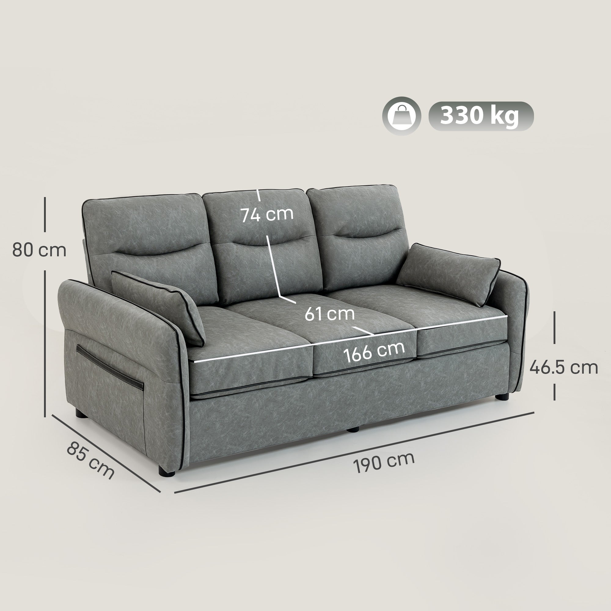 3 Seater Sofa, Faux Leather Couch - Grey