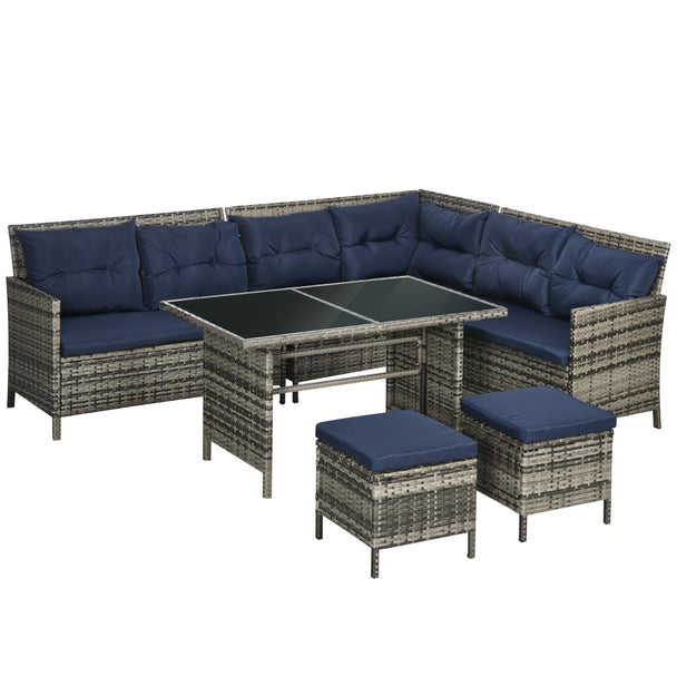 7-seater rattan corner sofa dining set with cream cushions, glass table and footstools