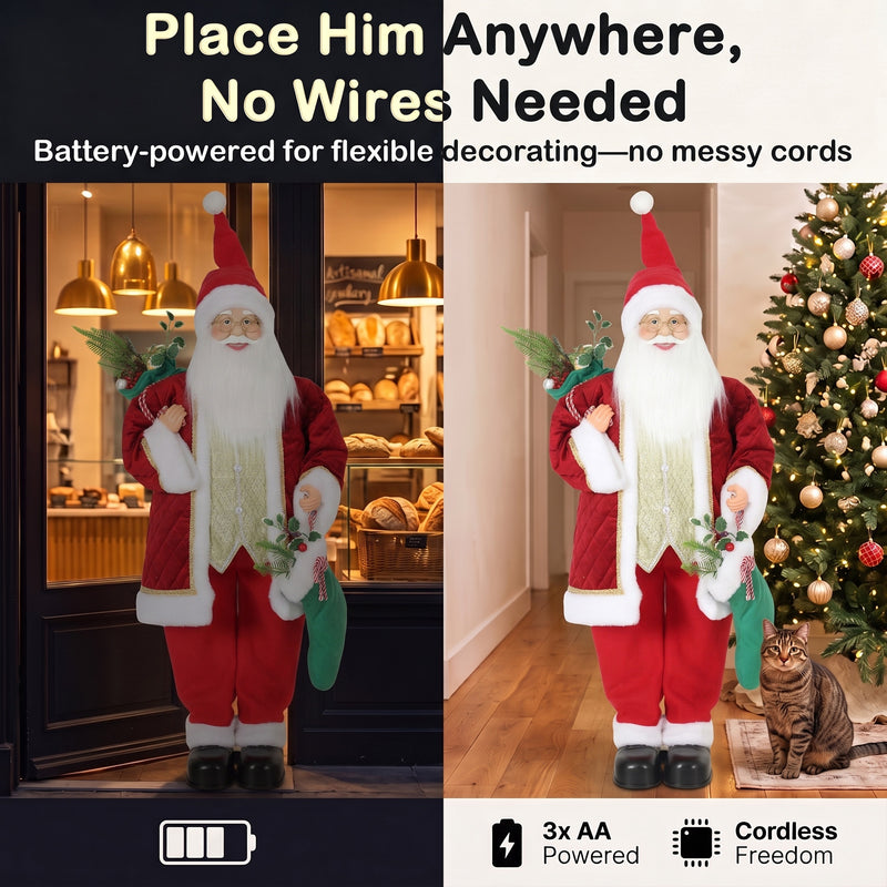 Santa figure displayed beside a Christmas tree