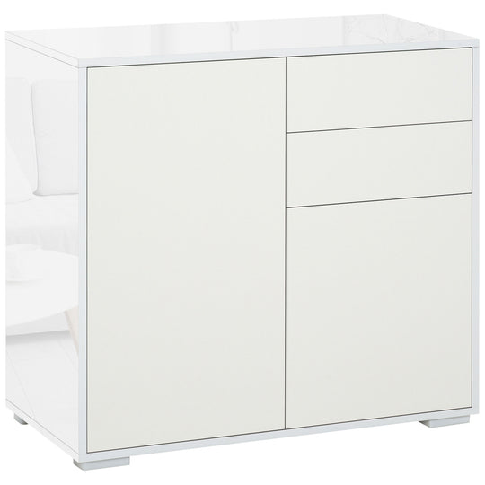 Compact white handle-free sideboard with high gloss frame and push-open drawers