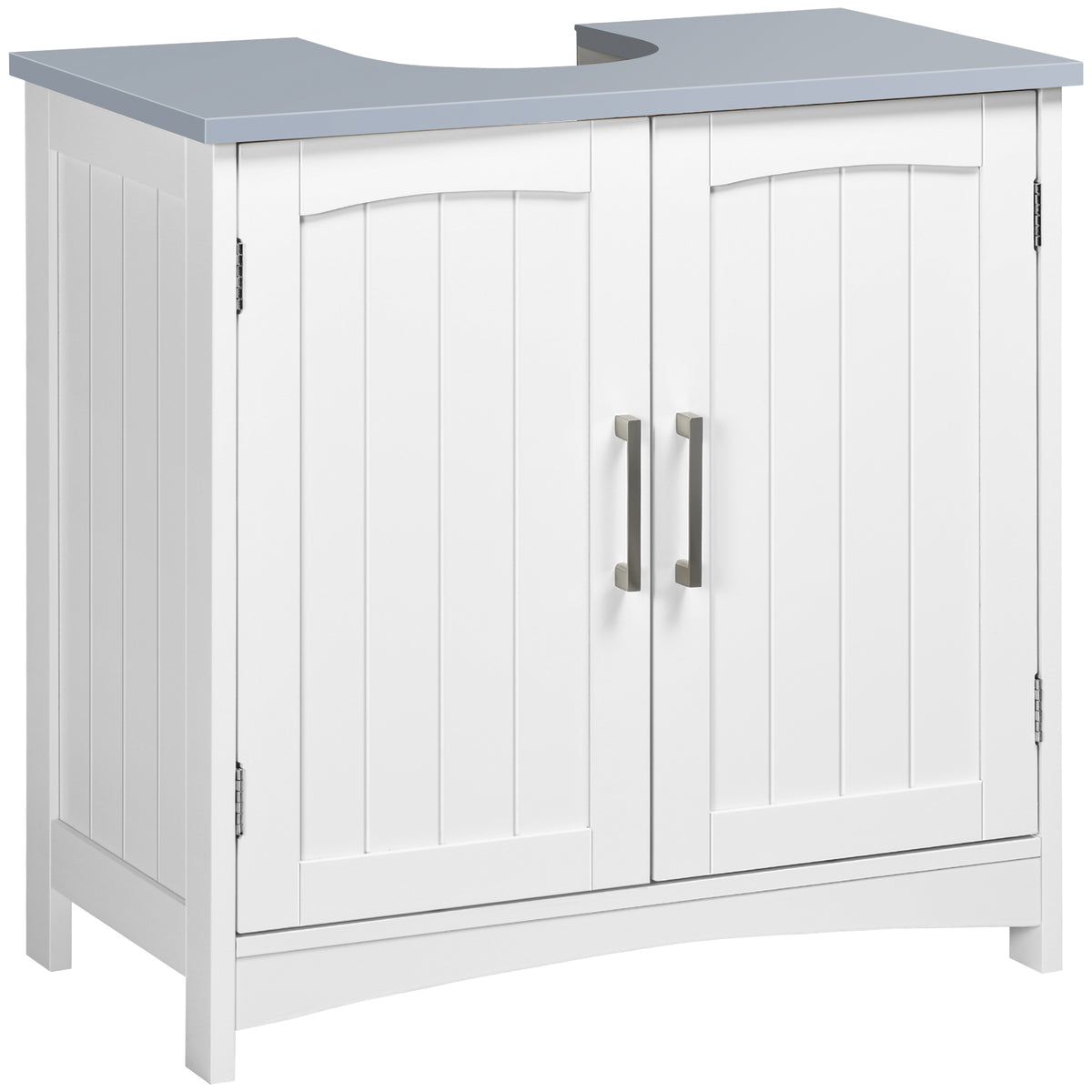 Light grey and white pedestal under sink cabinet with double doors and pipe cut-outs