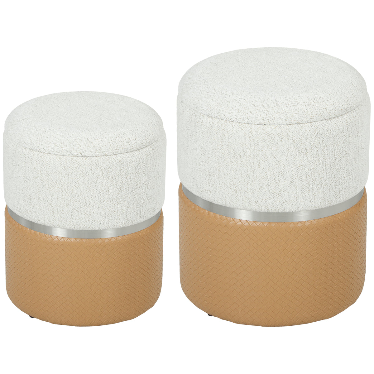 Set of 2 Round Storage Ottomans – Cream & Brown