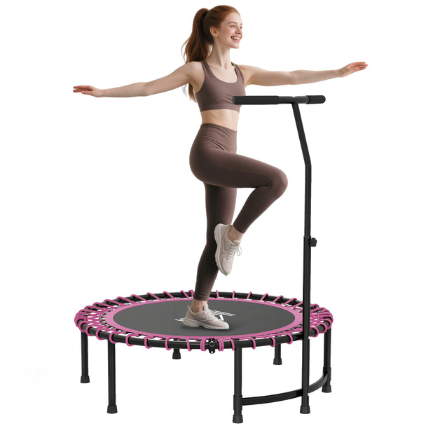 Pink mini fitness trampoline with adjustable T-bar handle