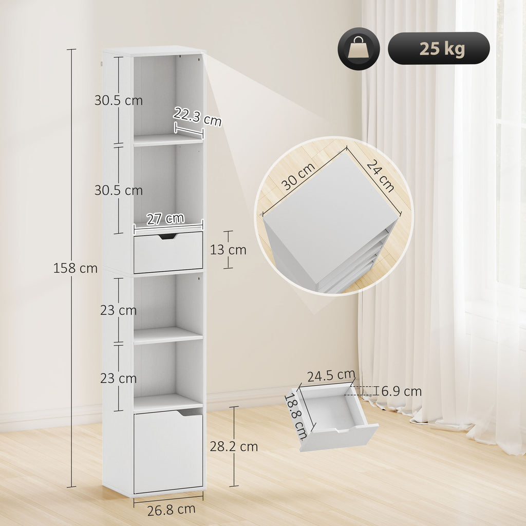 6-Tier Bookcase, Tall Narrow Bookshelf with Drawer and Door - White