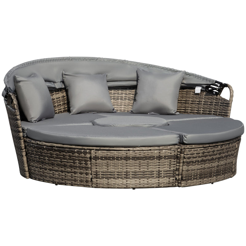 Dark grey round rattan garden daybed set with retractable canopy and round table