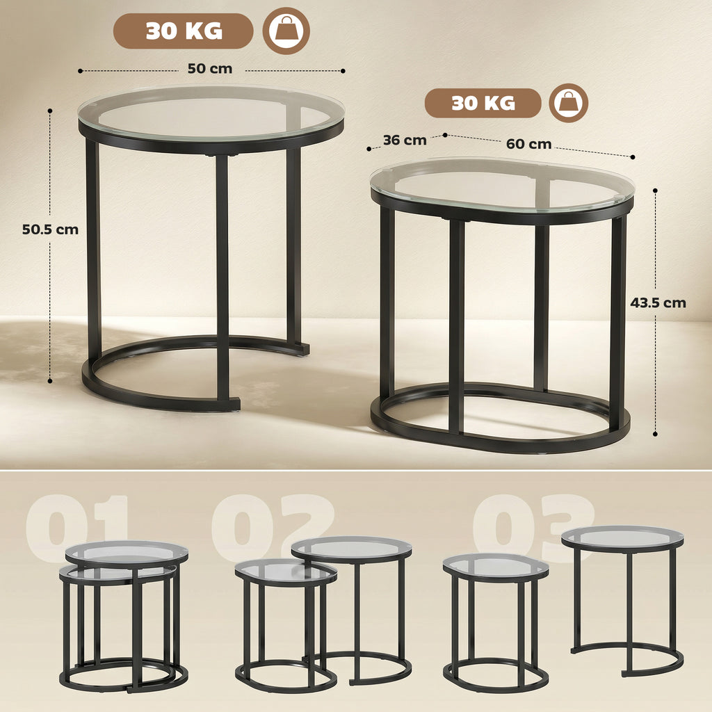 Nest of Tables with Steel Frame and Tempered Glass Tabletop, Modern Coffee Table Set of 2, Black
