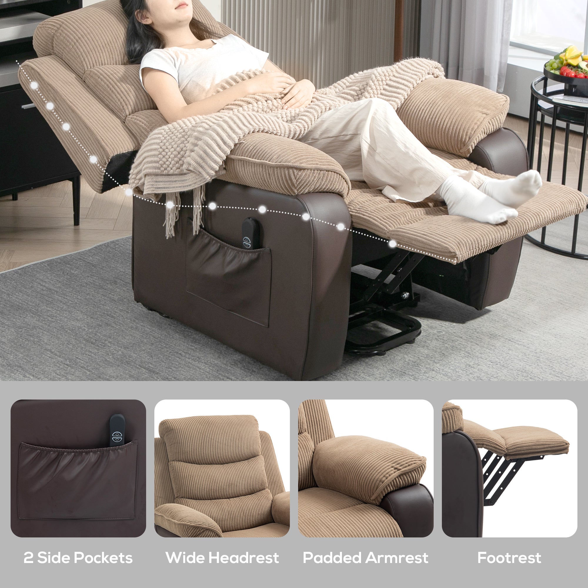 HOMCOM Overstuffed Corduroy Electric Lift Recliner Chair - Brown