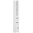 Slim white tall bathroom cabinet with open shelves and three small cupboards