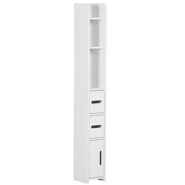 Slim white tall bathroom cabinet with open shelves and three small cupboards
