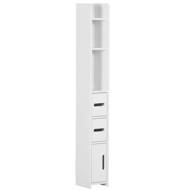 Slim white tall bathroom cabinet with open shelves and three small cupboards