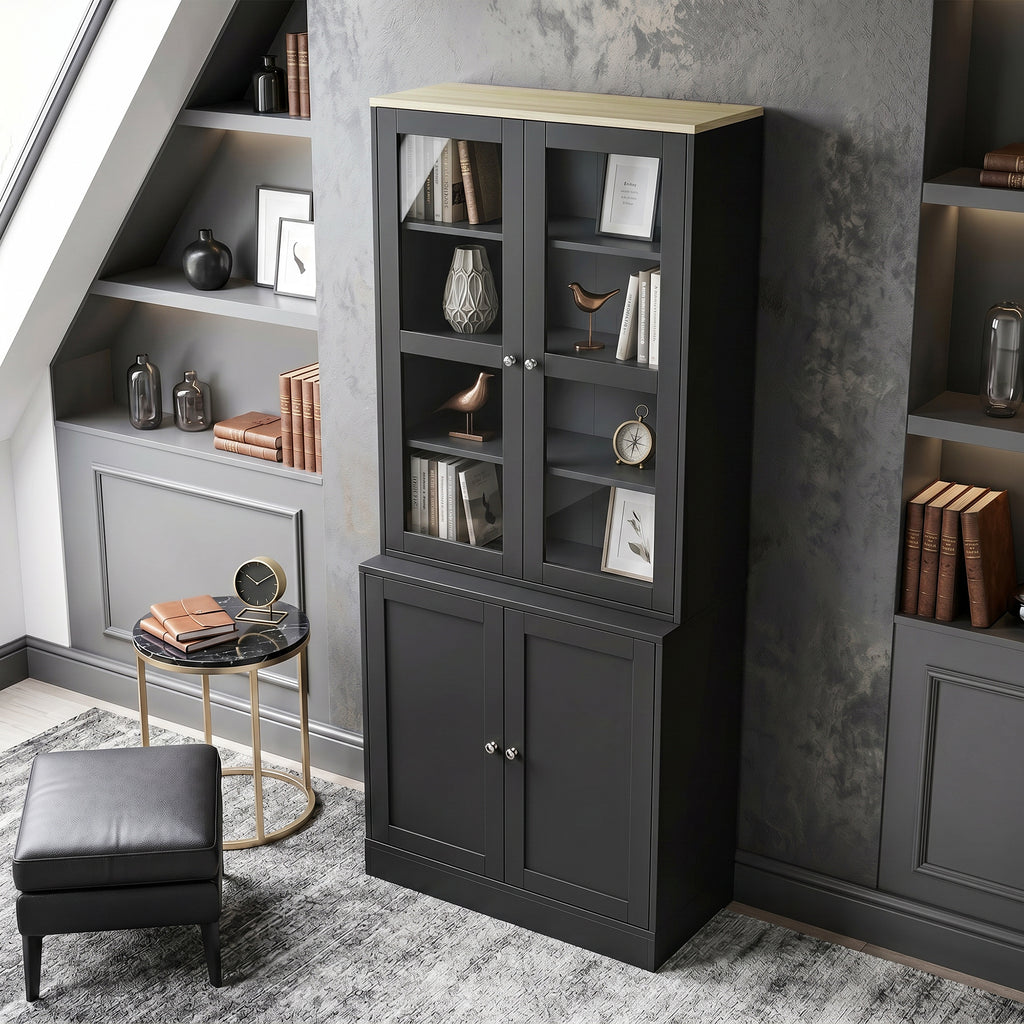 Modern Bookcase Display Storage Unit with Glass Doors Adjustable Shelves, Black