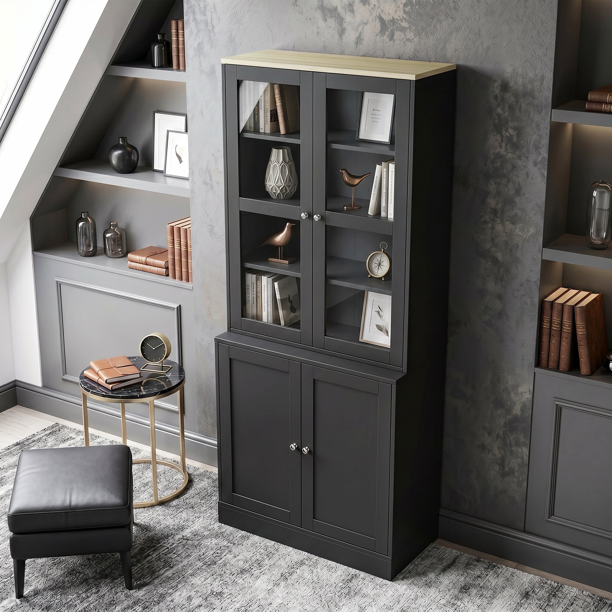 Modern Bookcase Display Storage Unit with Glass Doors Adjustable Shelves, Black