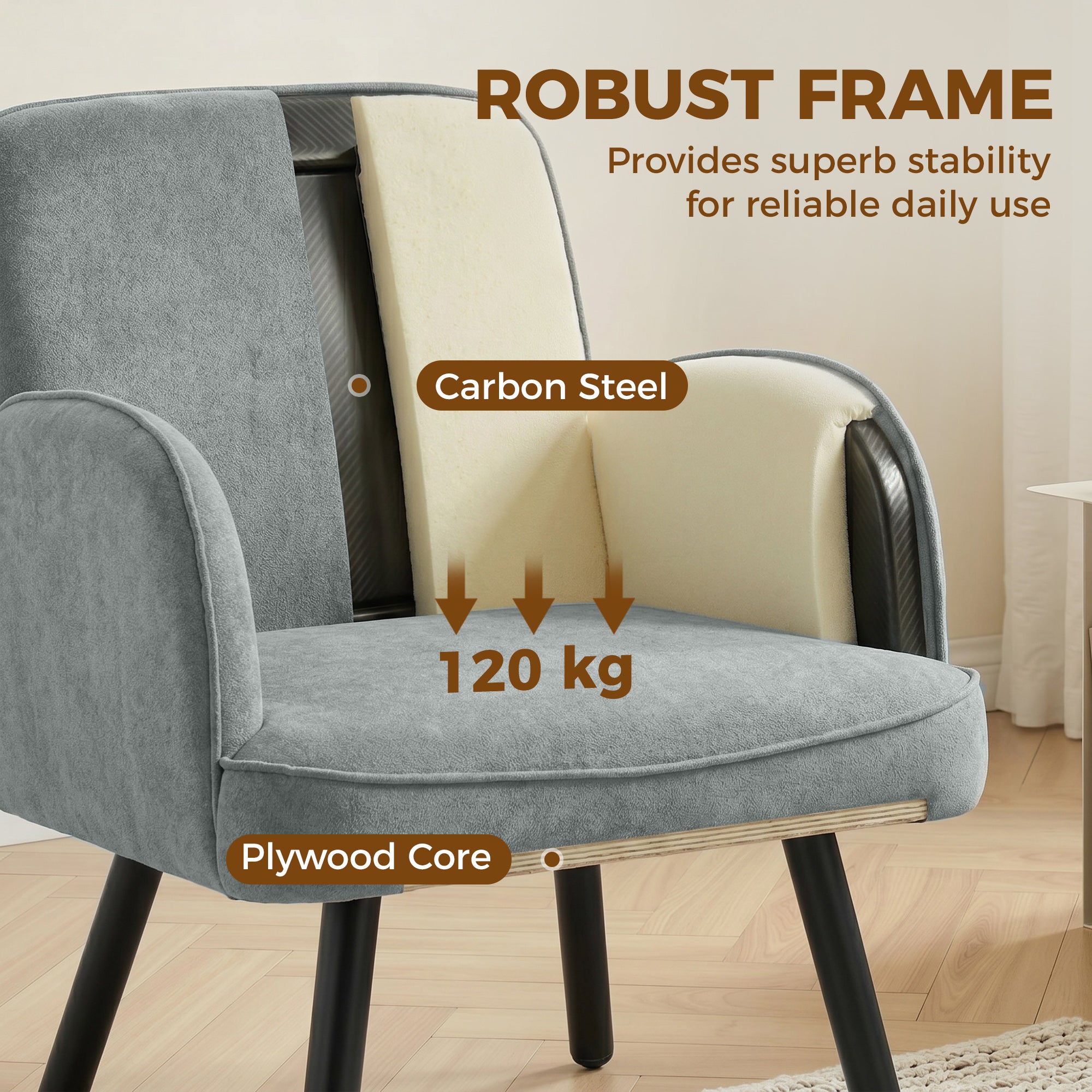 Lounge Chair Velvet Upholstered Armchair with Spring Cushion for Living Room Bedroom Grey