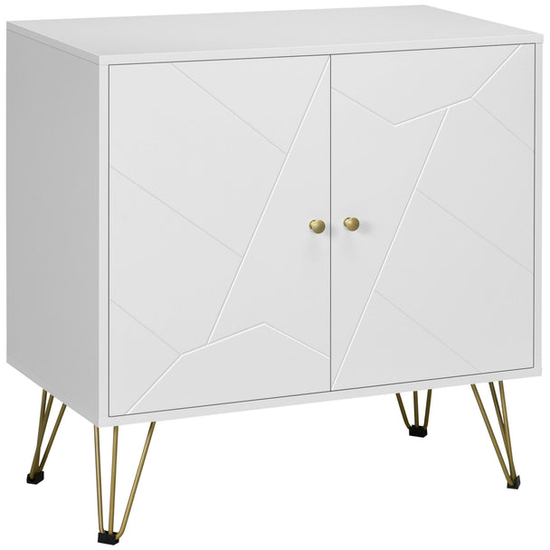White slim sideboard with geometric doors and gold hairpin legs
