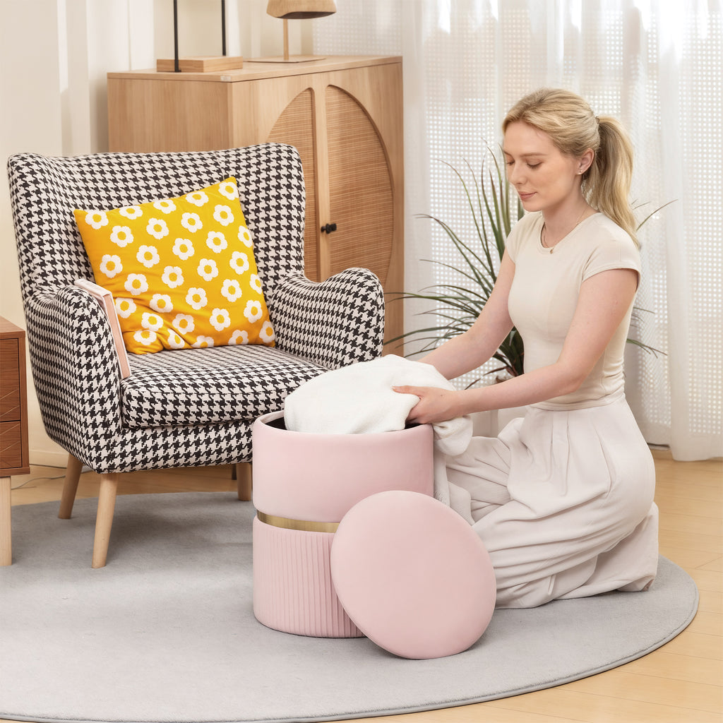 Velvet-Feel Storage Ottoman - Pink