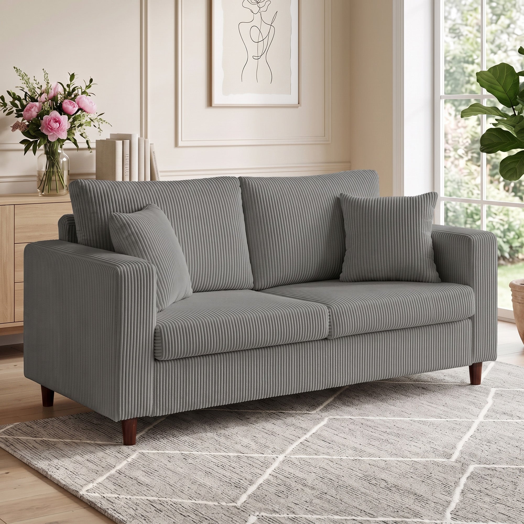 Loveseat Sofa with Wide Seat, Corduroy 2 Seater Couch with Deep Seat, Spring Cushion, Light Grey
