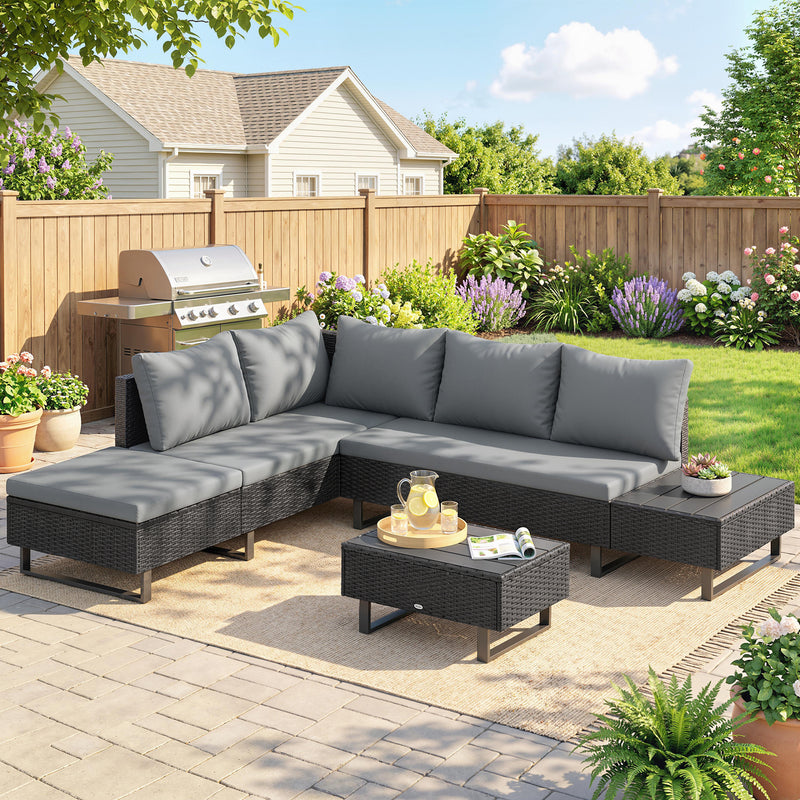 Outsunny 5 Seater Rattan Garden Furniture Set, L Shaped Garden Corner Sofa, Adjustable Back, Faux Wood Table, Dark Grey – view 2