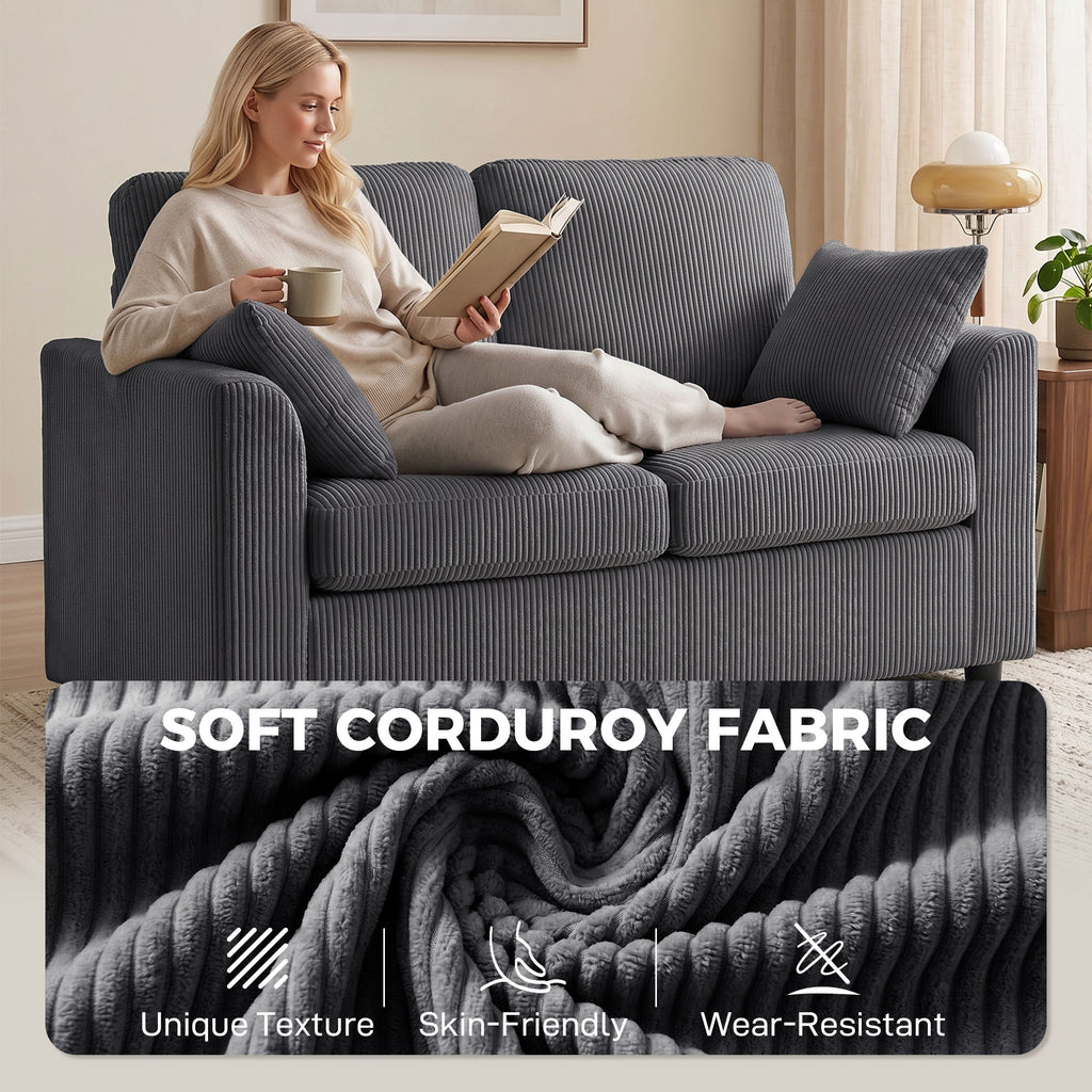 2 Seater Sofa, Corduroy Small Couch with Spring Cushion, Wide and Deep Seat, Dark Grey