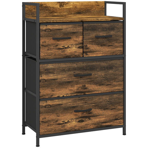 Narrow rustic brown chest with four fabric drawers and black steel frame
