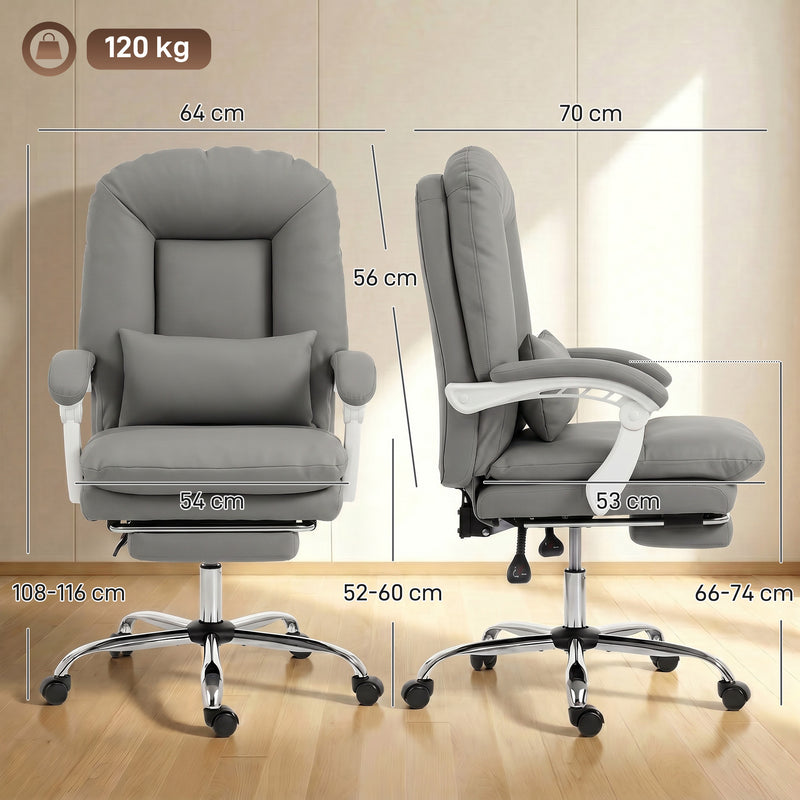 HOMCOM Ergonomic Executive Office Chair, Reclining Desk Chair with Lumbar Support, Footrest, Plush Thick Cushion, Grey – view 3