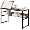 Rustic brown drafting table with black metal frame, tilting lift-up top, paper stopper and back storage shelf