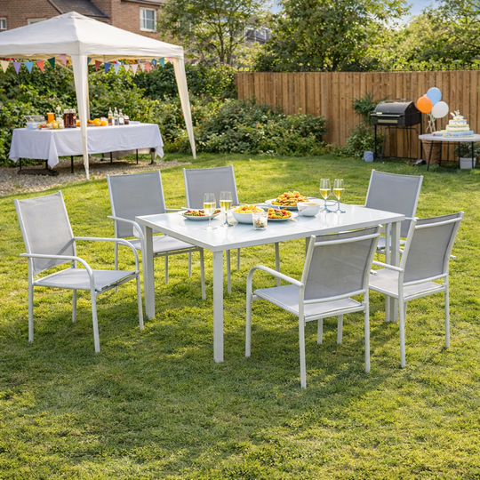 Outsunny 7 Piece Garden Dining Set, Outdoor Table and 6 Stackable Chairs, Steel Frame, Tempered Glass Top Table, Mesh – view 2