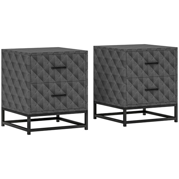 Pair of grey bedside tables with diamond-pattern drawers and black steel frame