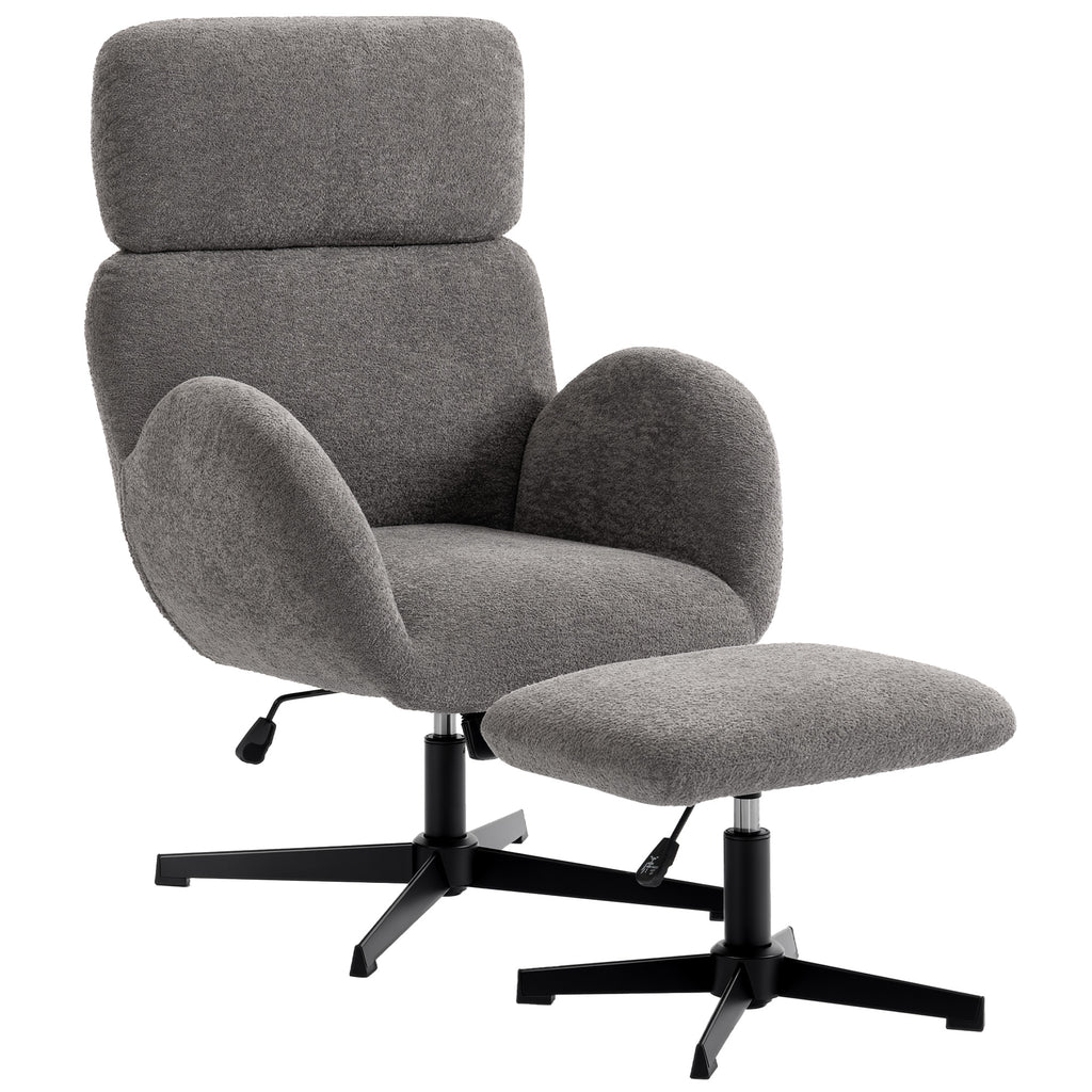 Swivel Armchair and Footstool Set, Height Adjustable Accent Chair with Adjustable Headrest, Rocking Function, Grey