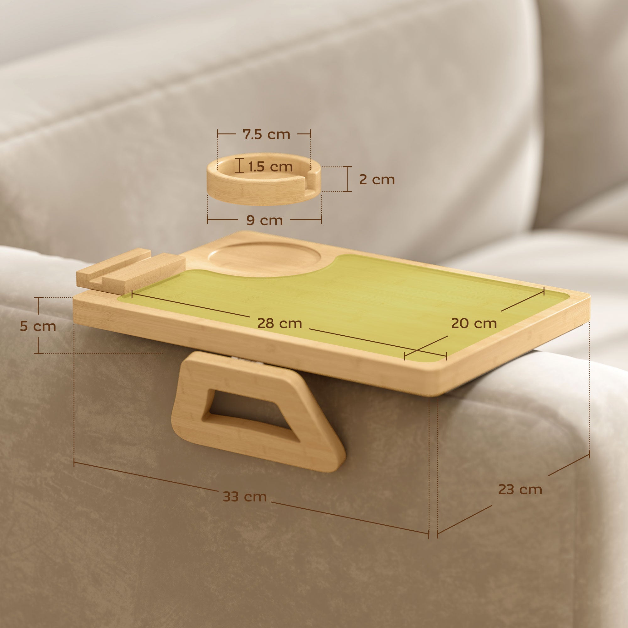 Anti-Slip Sofa Armrest Tray, Bamboo Sofa Arm Tray with 360Â° Phone Holder and Removable Cup Holder, Natural
