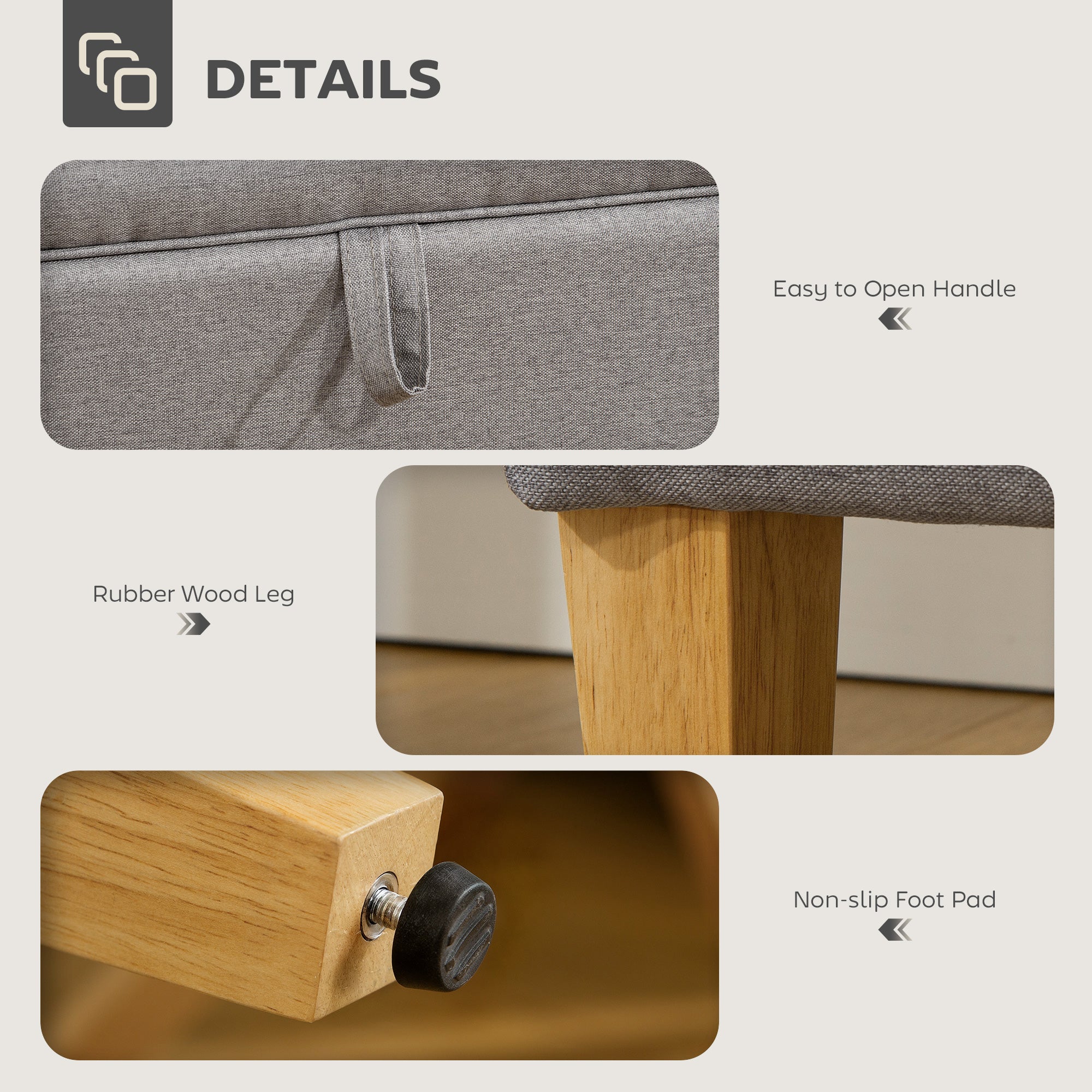 16L Linen Storage Ottoman Padded Footstool with Rubberwood Legs for Storage Box, Bed End, Shoe Bench, Seating, Light Grey