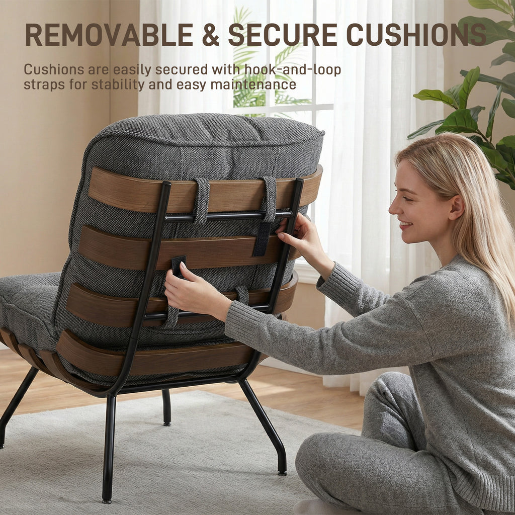 Accent Chair, Linen-look Fabric Reading Chair with Spring Cushion, Slatted Support, Steel Frame, Dark Grey