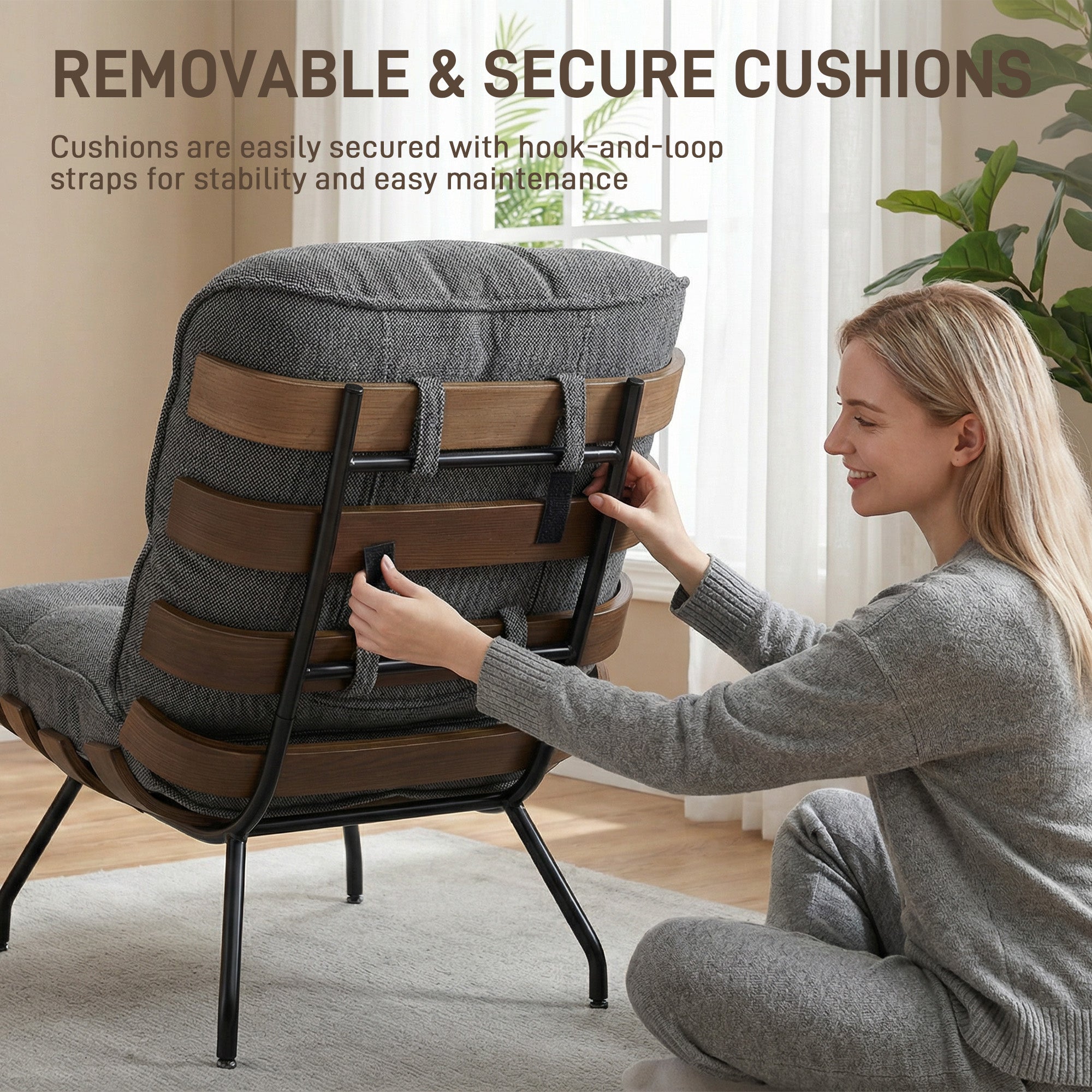 Accent Chair, Linen-look Fabric Reading Chair with Spring Cushion, Slatted Support, Steel Frame, Dark Grey