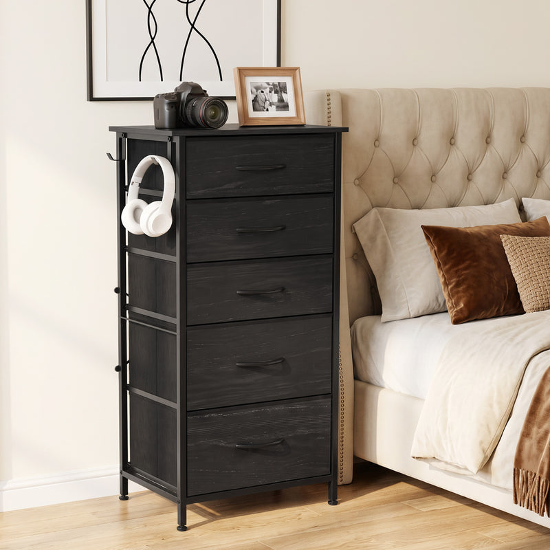 HOMCOM Chest of Drawers, Dresser with 5 Fabric Drawers, Tall Storage Unit with 4 Pockets and 2 Hooks, Steel Frame, Black – view 2