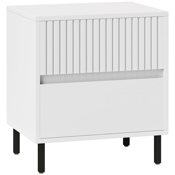 White two-drawer bedside table with indented top drawer and steel legs