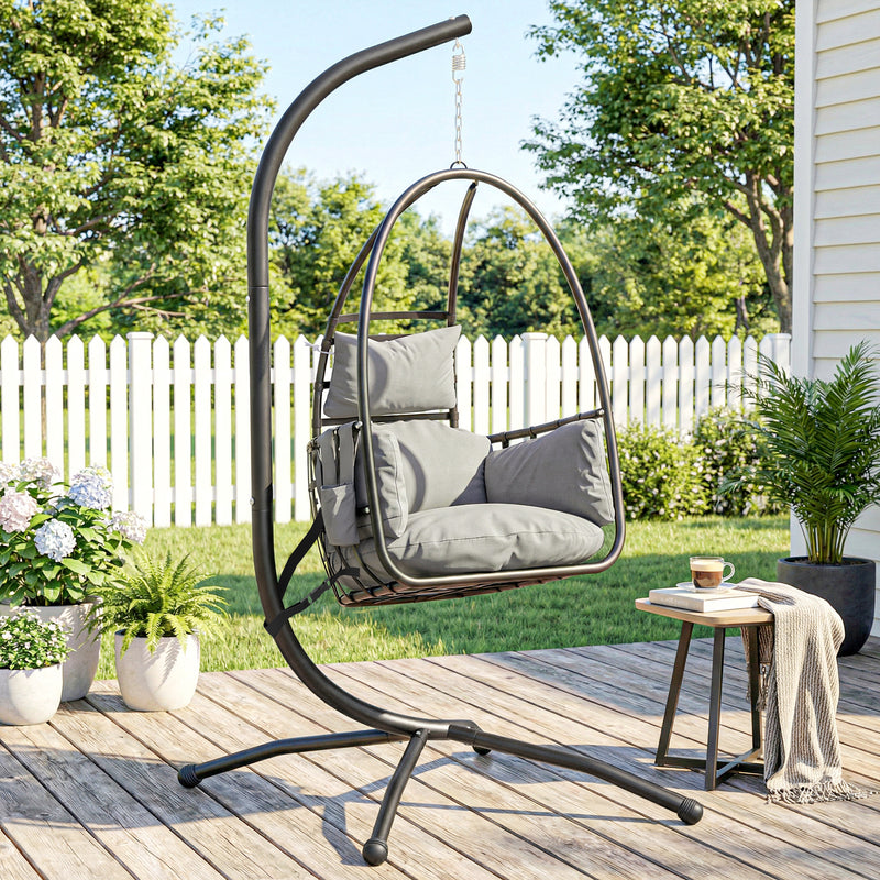 Outsunny Hanging Egg Chair, Indoor Outdoor Swinging Hammock Chair with Stand, Foldable Basket, Side Pocket, Dark Grey – view 10