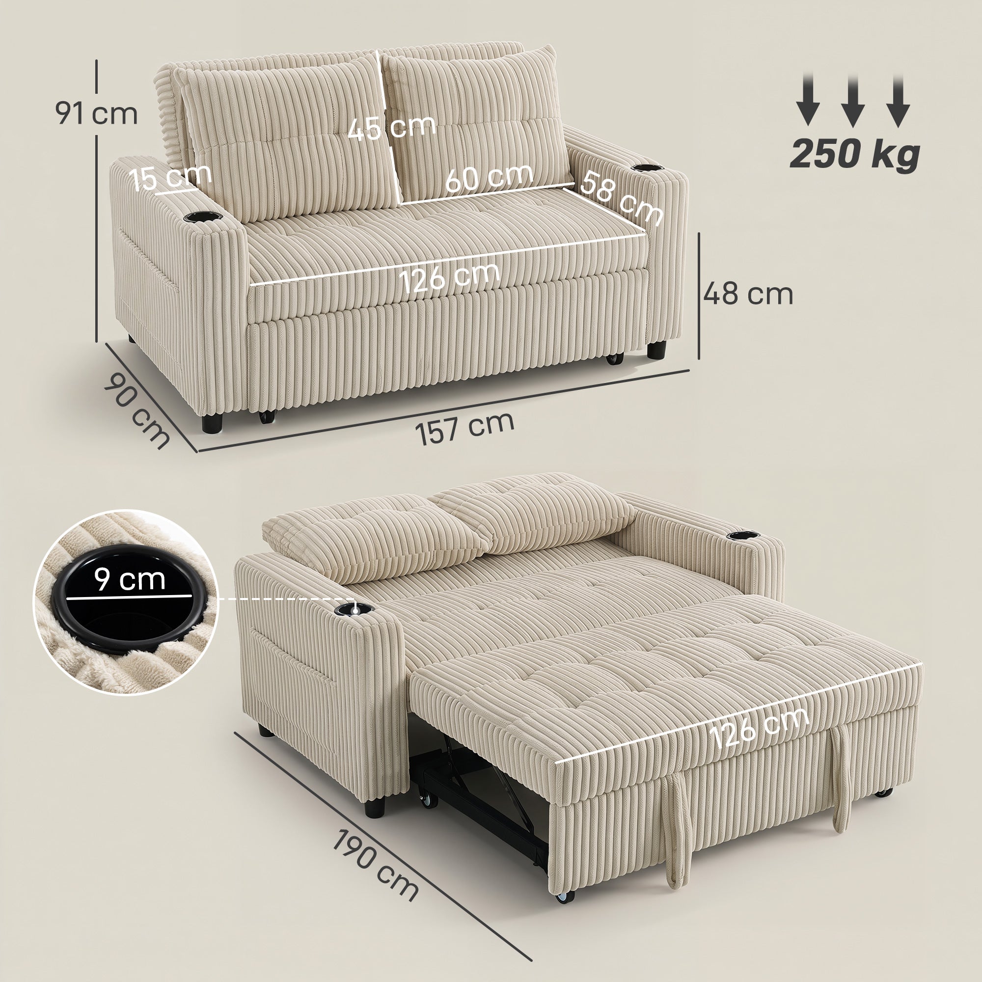 Corduroy Click Clack Sleeper Sofa with Pull Out Design, 2 Seater Sofa Bed, Cream White
