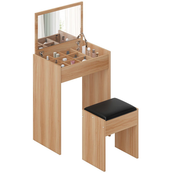 Wood-grain dressing table with flip-up mirror raised and matching padded stool