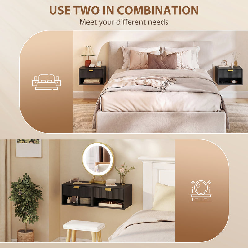 HOMCOM Set of 2 Wall Mounted Nightstands, Floating Bedside Tables with Fluted Drawer and Open Shelf for Small Bedroom – view 6